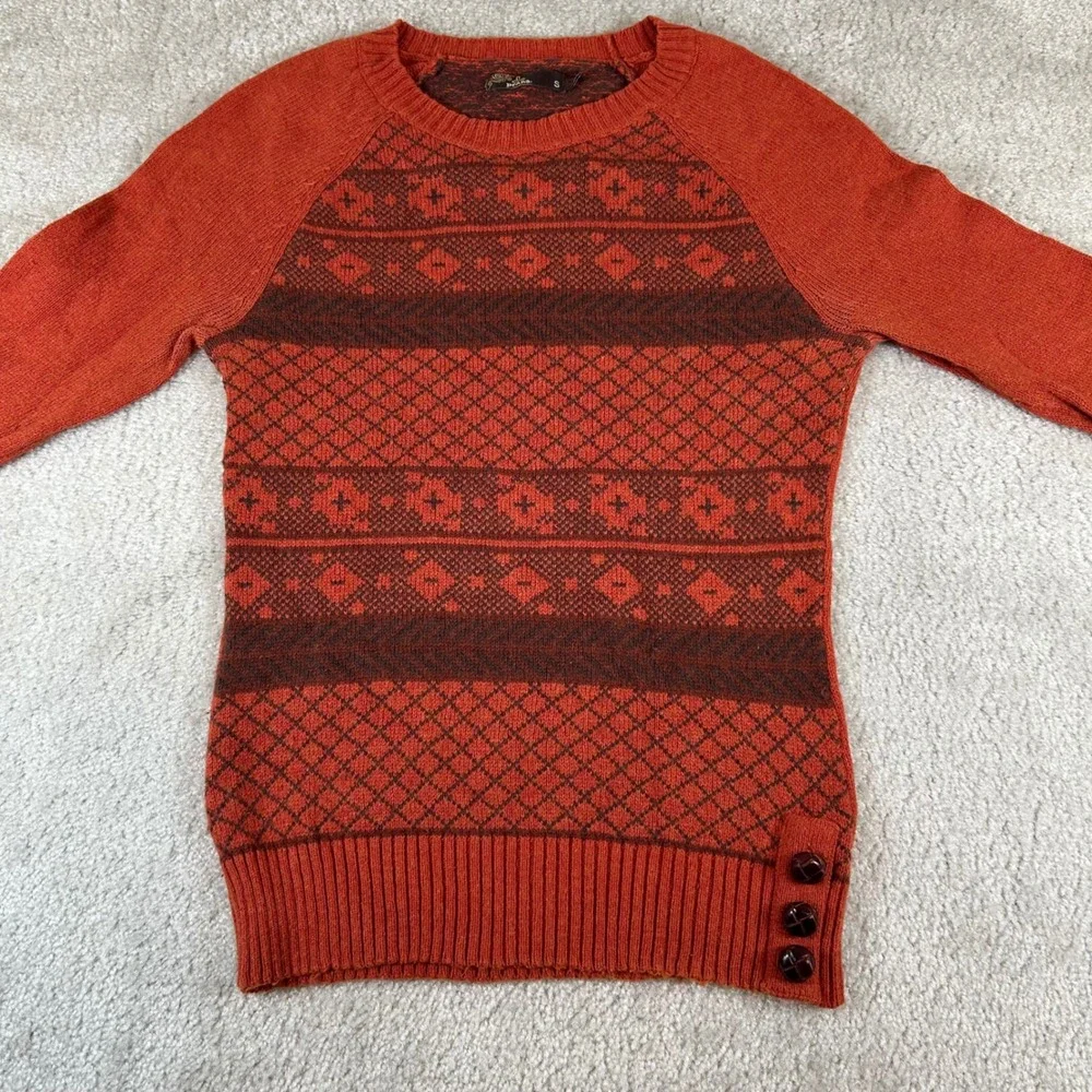 Prana Sweater Women Small Rust Orange Fair Isle Wool Blend Side Button Pullover